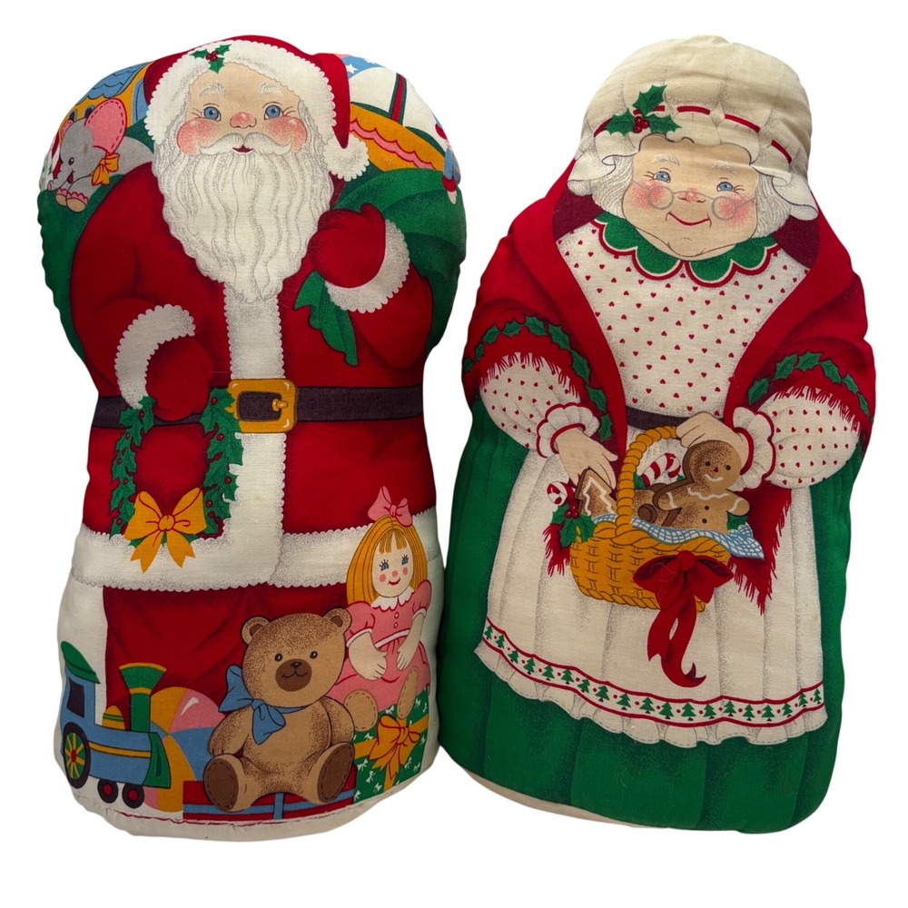 Vtg 80s Santa Mrs Claus Stuffed Shelf Sitter Doll Set Kitsch Holiday Decor 14"